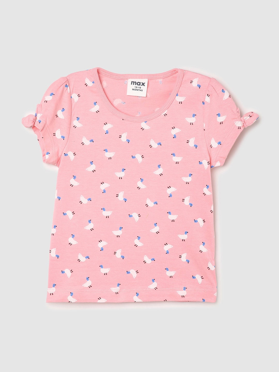 

max Infant Girls Conversational Printed Puff Sleeve Pure Cotton T-shirt, Pink
