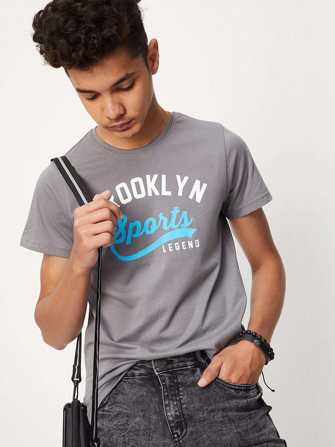 

max Boys Typography Printed Pure Cotton T-shirt, Grey