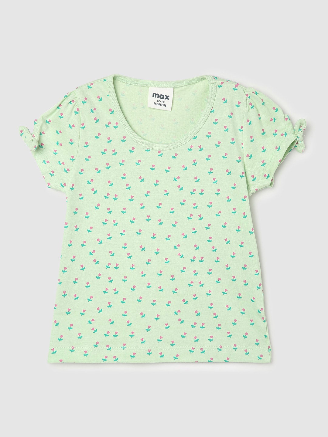 

max Infant Girls Floral Printed Puff Sleeves Pure Cotton T-shirt, Green