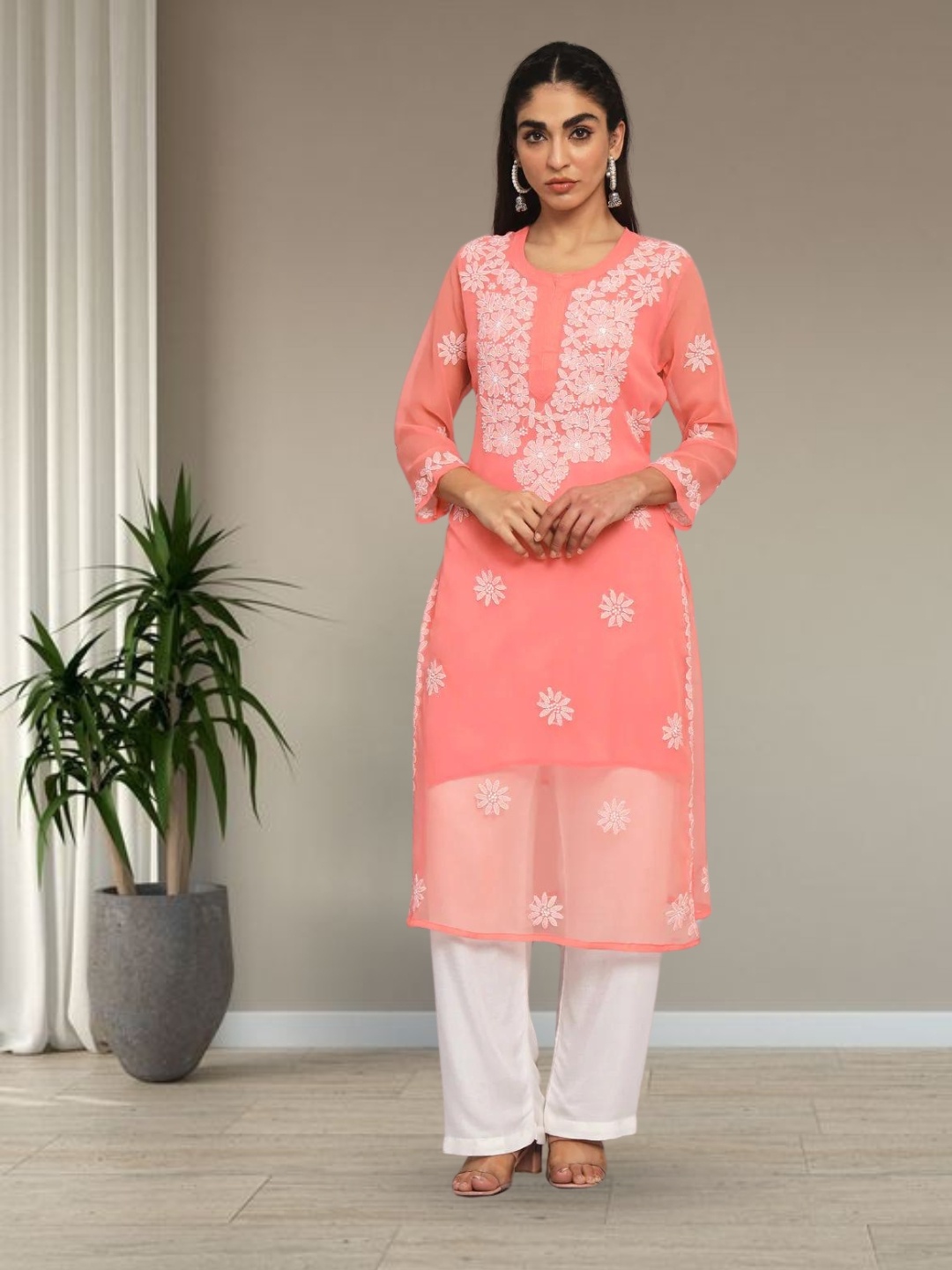 

PARAMOUNT CHIKAN Women Embroidered Lucknowi Chikankari Georgette Kurta, Coral