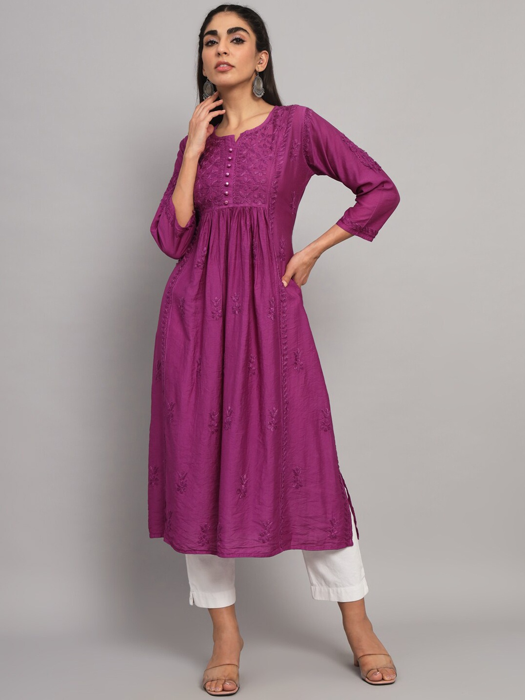 

PARAMOUNT CHIKAN Floral Embroidered Chikankari Chanderi Cotton Blend A-Line Pleated Kurta, Purple