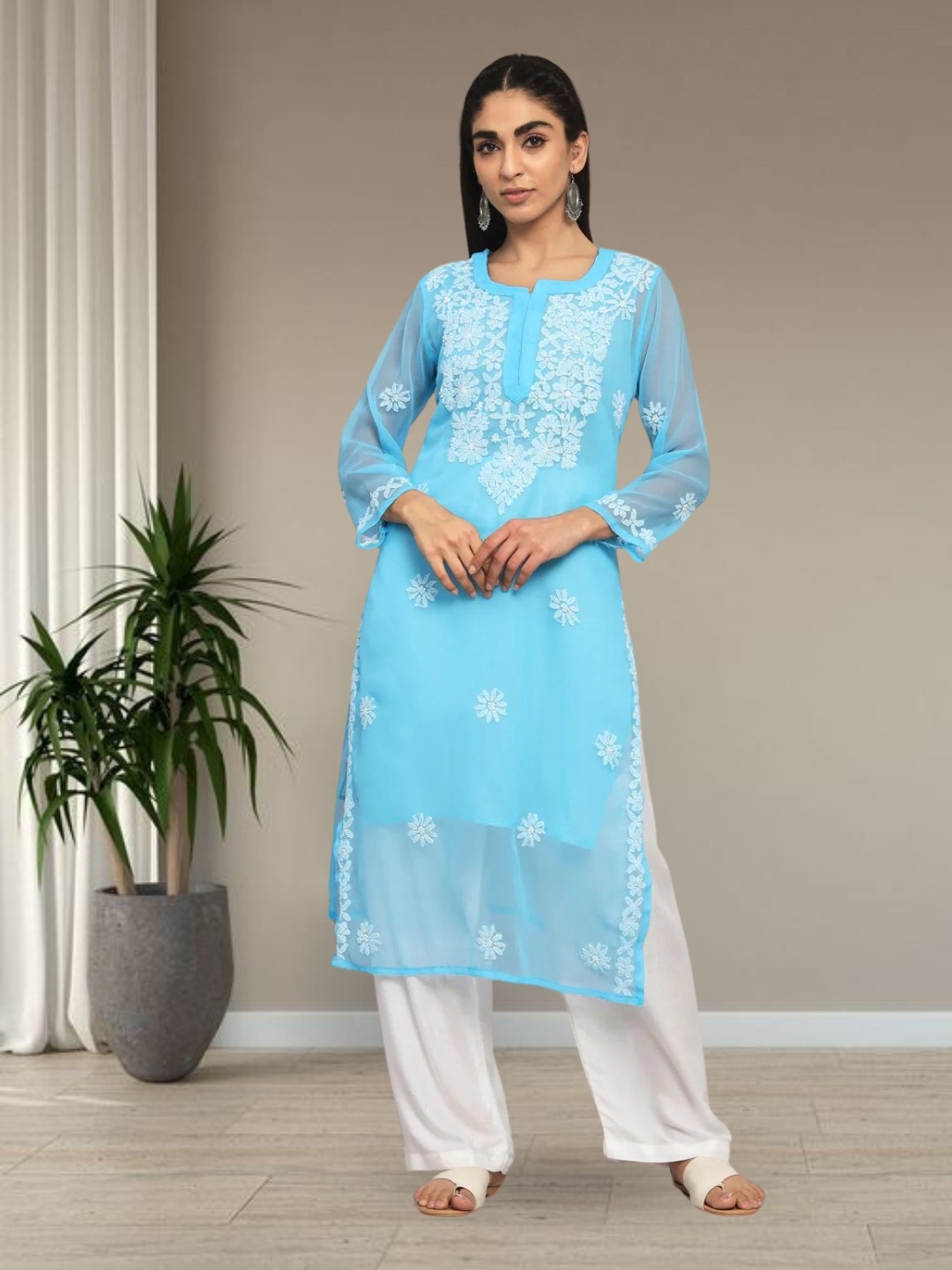 

PARAMOUNT CHIKAN Women Embroidered Lucknowi Chikankari Georgette Kurta, Turquoise blue