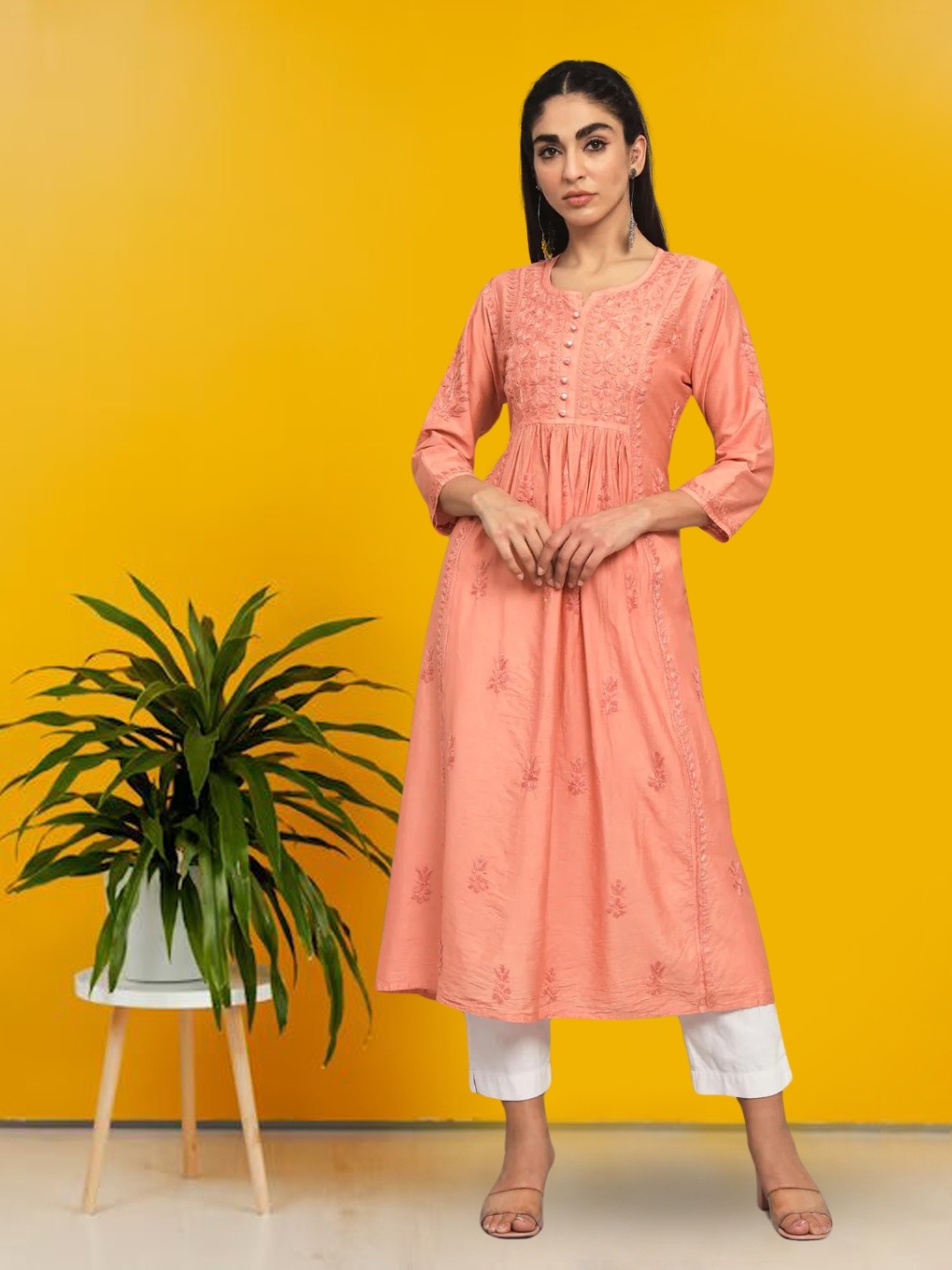 

PARAMOUNT CHIKAN Ethnic Motifs Embroidered Chikankari Pleated A-Line Kurta, Peach