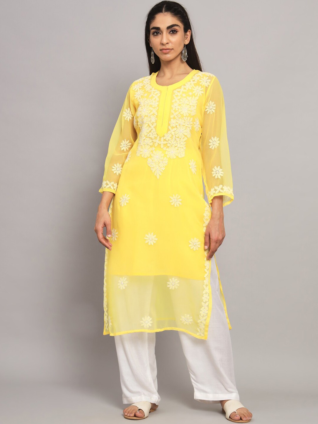 

PARAMOUNT CHIKAN Floral Embroidered Chikankari Georgette Kurta With Slip, Yellow