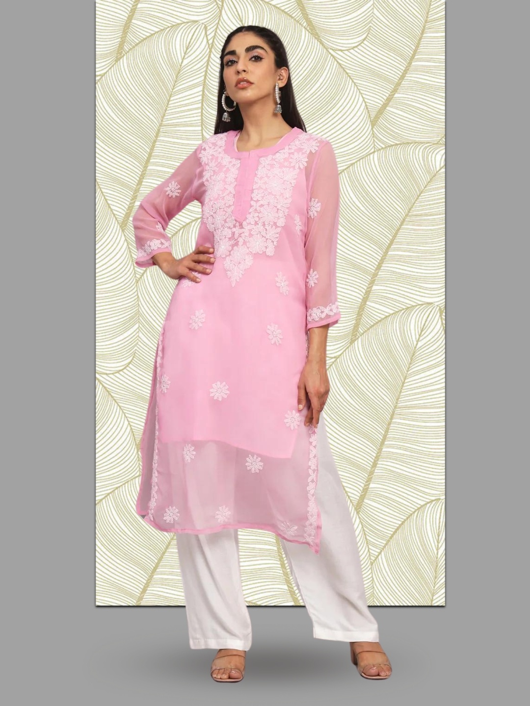 

PARAMOUNT CHIKAN Women Embroidered Lucknowi Chikankari Georgette Kurta, Pink