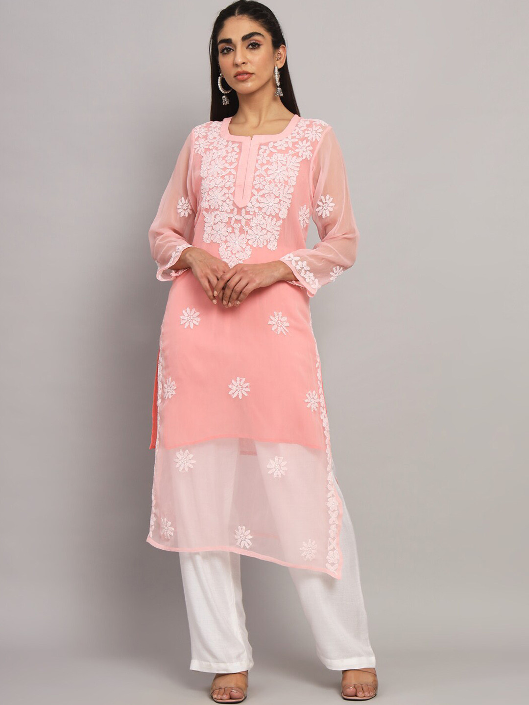 

PARAMOUNT CHIKAN Ethnic Motifs Embroidered Chikankari Straight Kurta With Slip, Peach