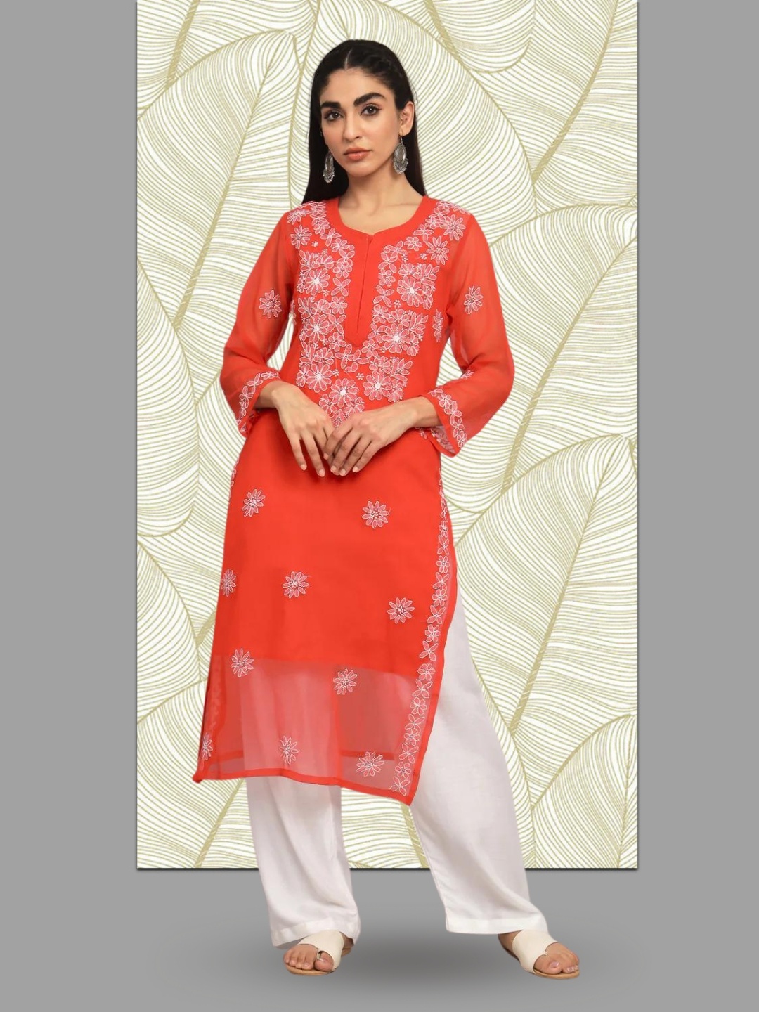 

PARAMOUNT CHIKAN Women Embroidered Lucknowi Chikankari Georgette Kurta, Red