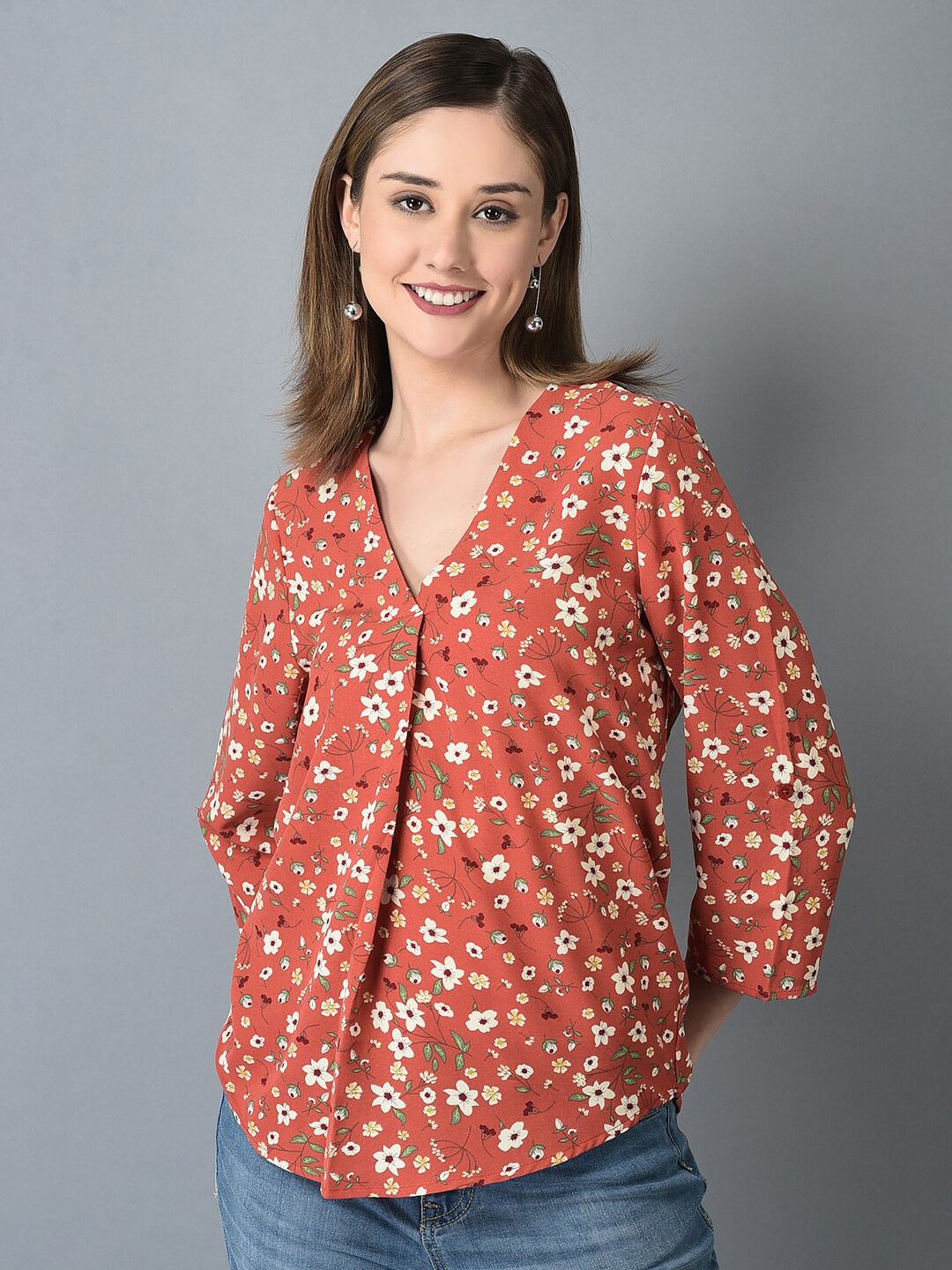 

CANOE Floral Printed V Neck Top, Orange