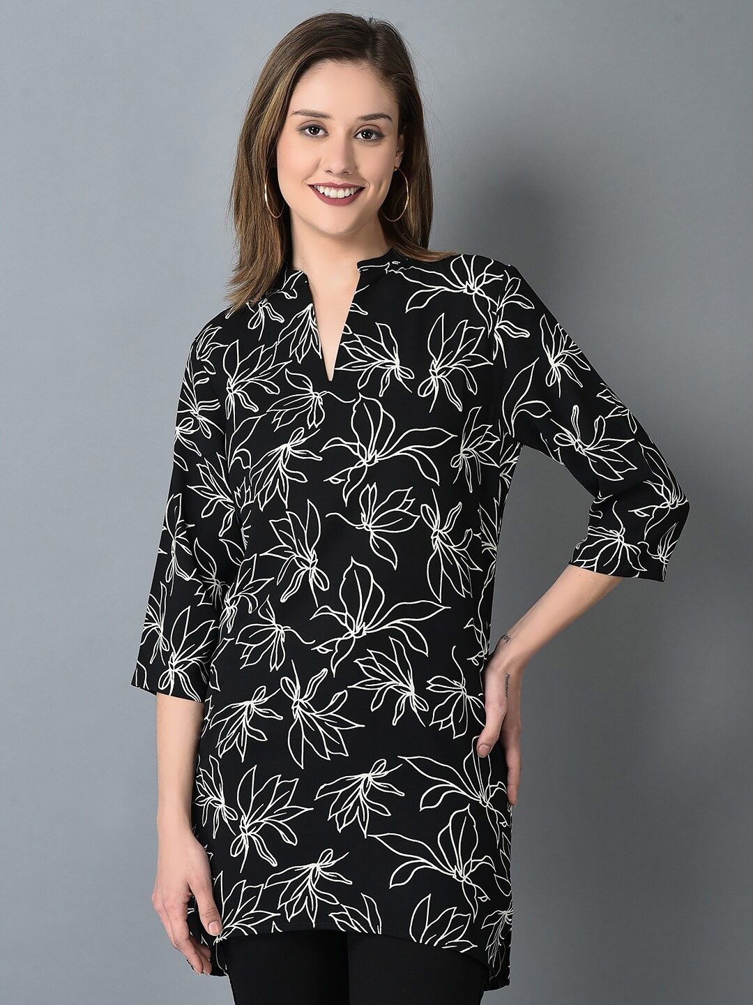 

CANOE Floral Printed Mandarin Collar Tunic, Black