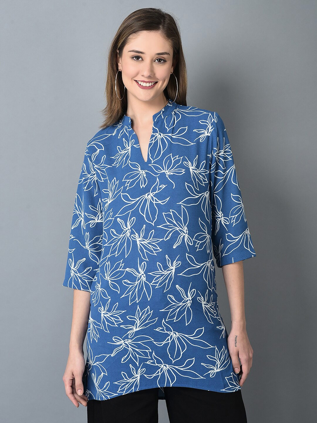 

CANOE Floral Printed Mandarin Collar Tunic, Blue