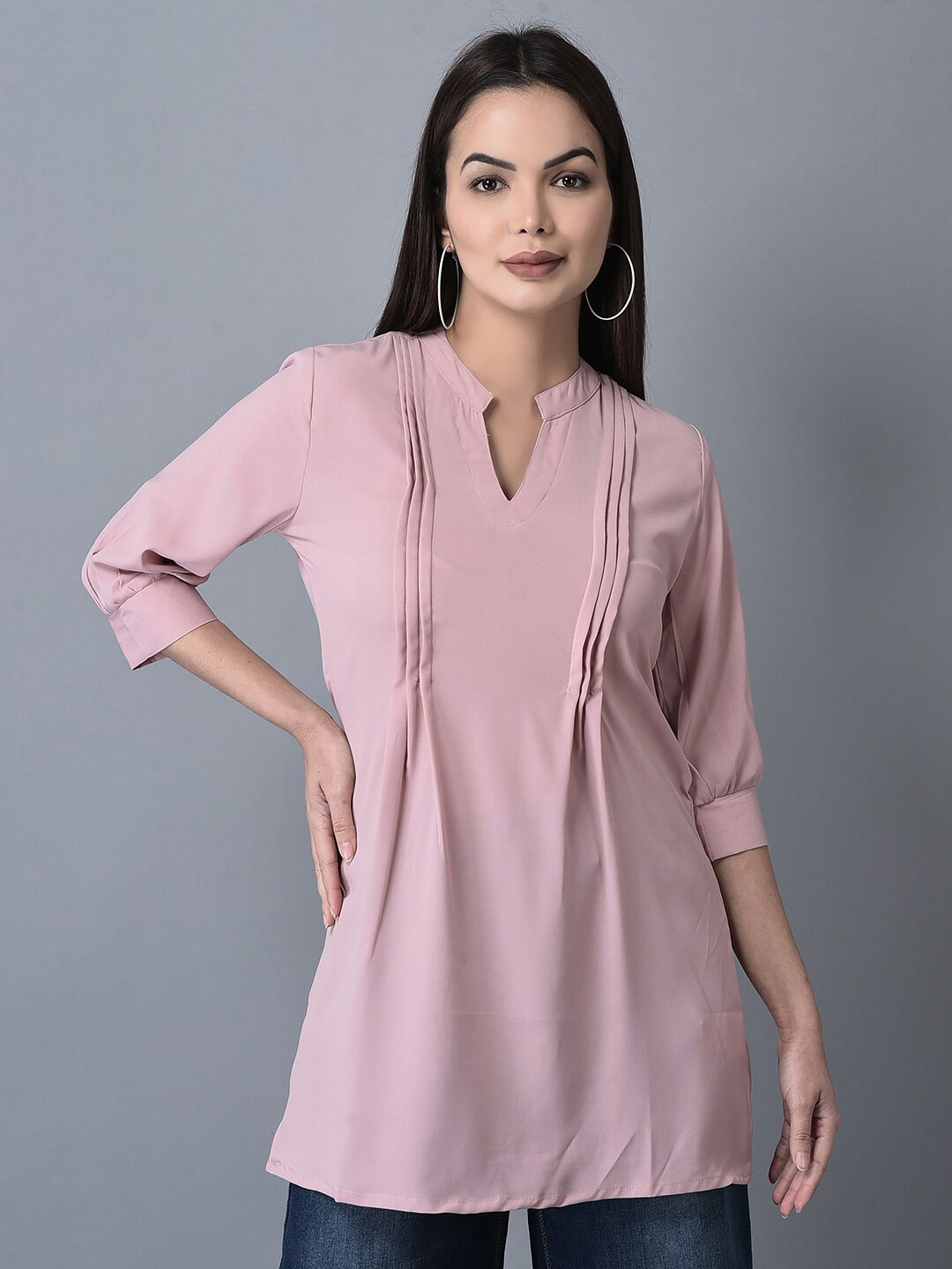 

CANOE Mandarin Collar Pin Tucks & Gathers Puff Sleeves Tunic, Pink