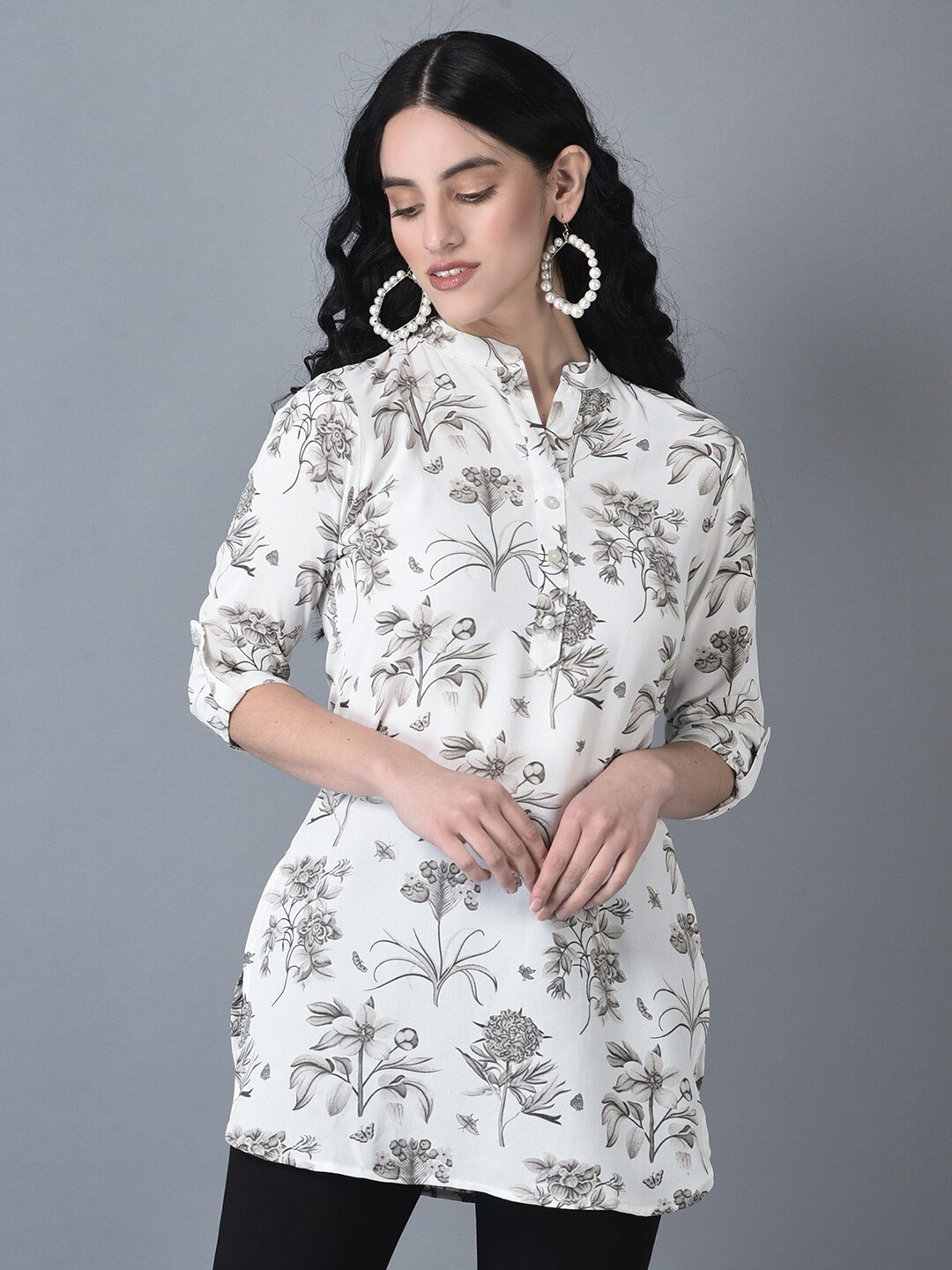 

CANOE Floral Printed Mandarin Collar Roll Up Sleeves Tunic, White