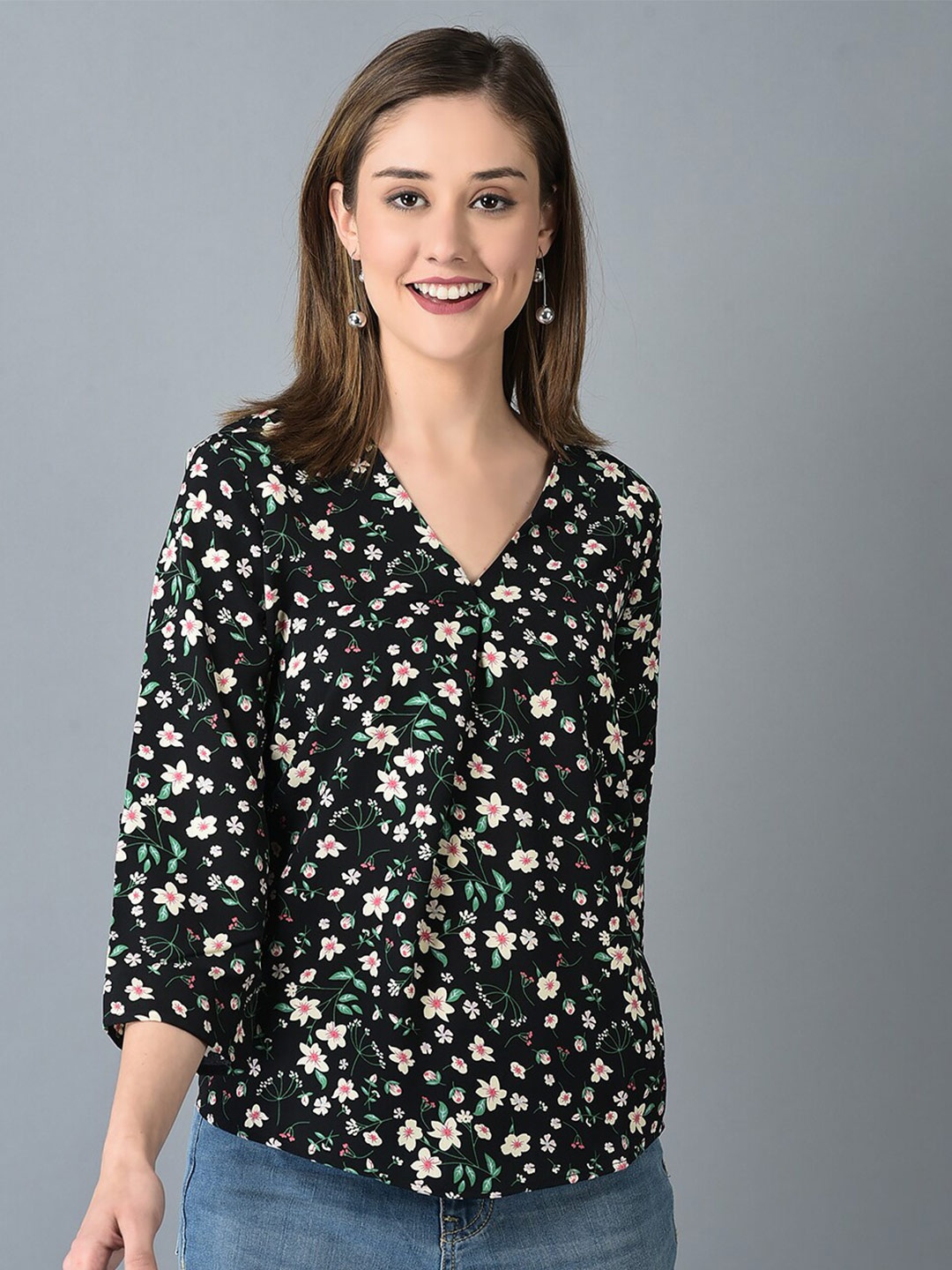 

CANOE Floral Printed V- Neck Tunic, Black