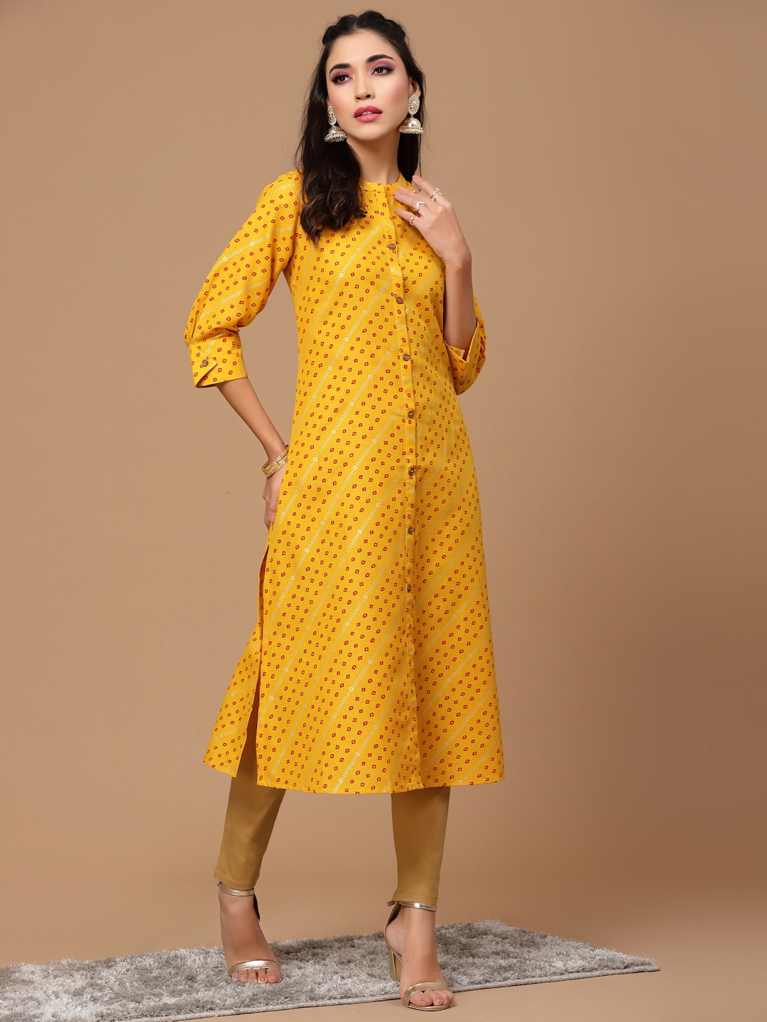 

KALINI Geometric Printed Mandarin Collar Straight Cotton Kurta, Yellow