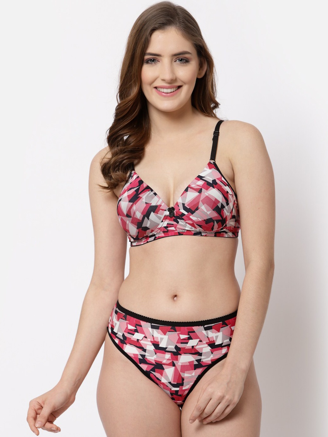 

CUKOO Geometric Printed Non Padded Mid-Rise Lingerie Set- BP23-033, Pink