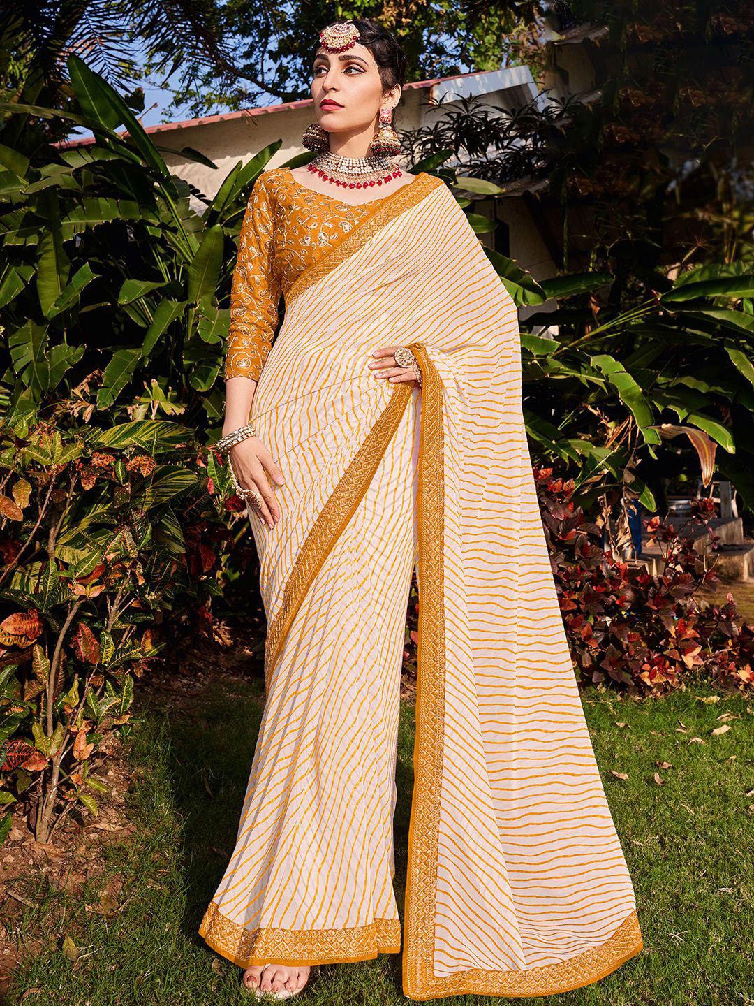 

Satrani Striped Embroidered Leheriya Saree, White