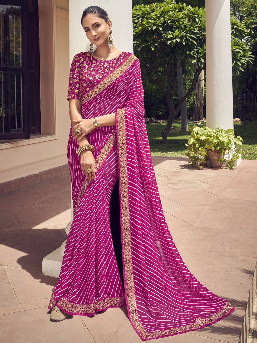 

Satrani Striped Embroidered Leheriya Saree, Pink