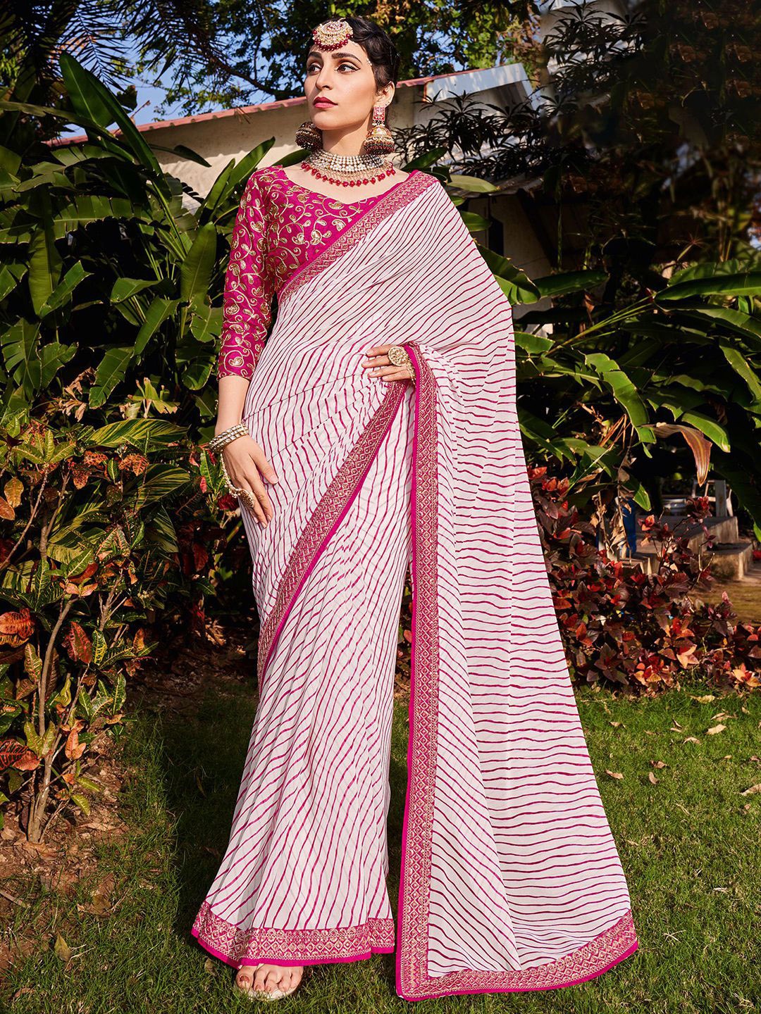 

Satrani Striped Embroidered Leheriya Saree, White