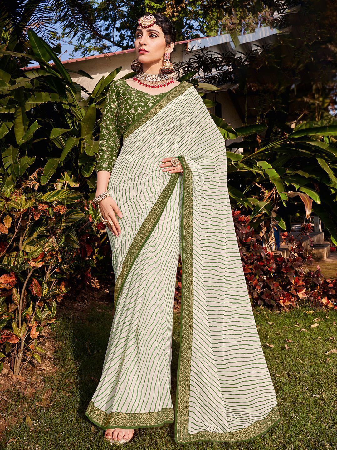 

Satrani Striped Embroidered Leheriya Saree, Green