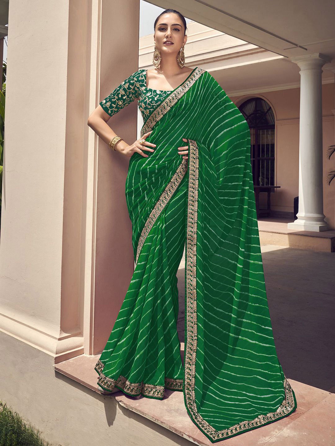 

Satrani Embroidered Leheriya Saree, Green