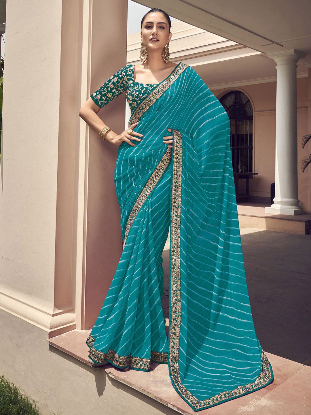 

Satrani Embroidered Leheriya Saree, Blue