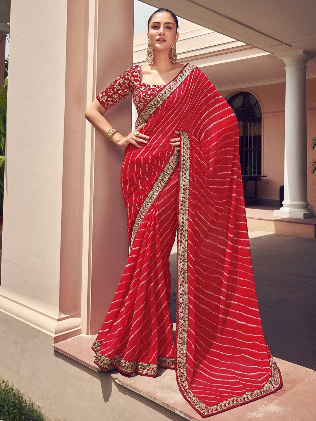 

Satrani Embroidered Leheriya Saree, Red