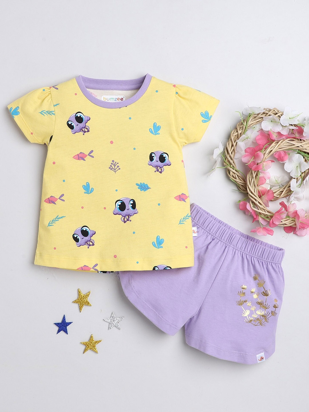 

BUMZEE Girls Printed Pure Cotton T-shirt With Shorts, Yellow