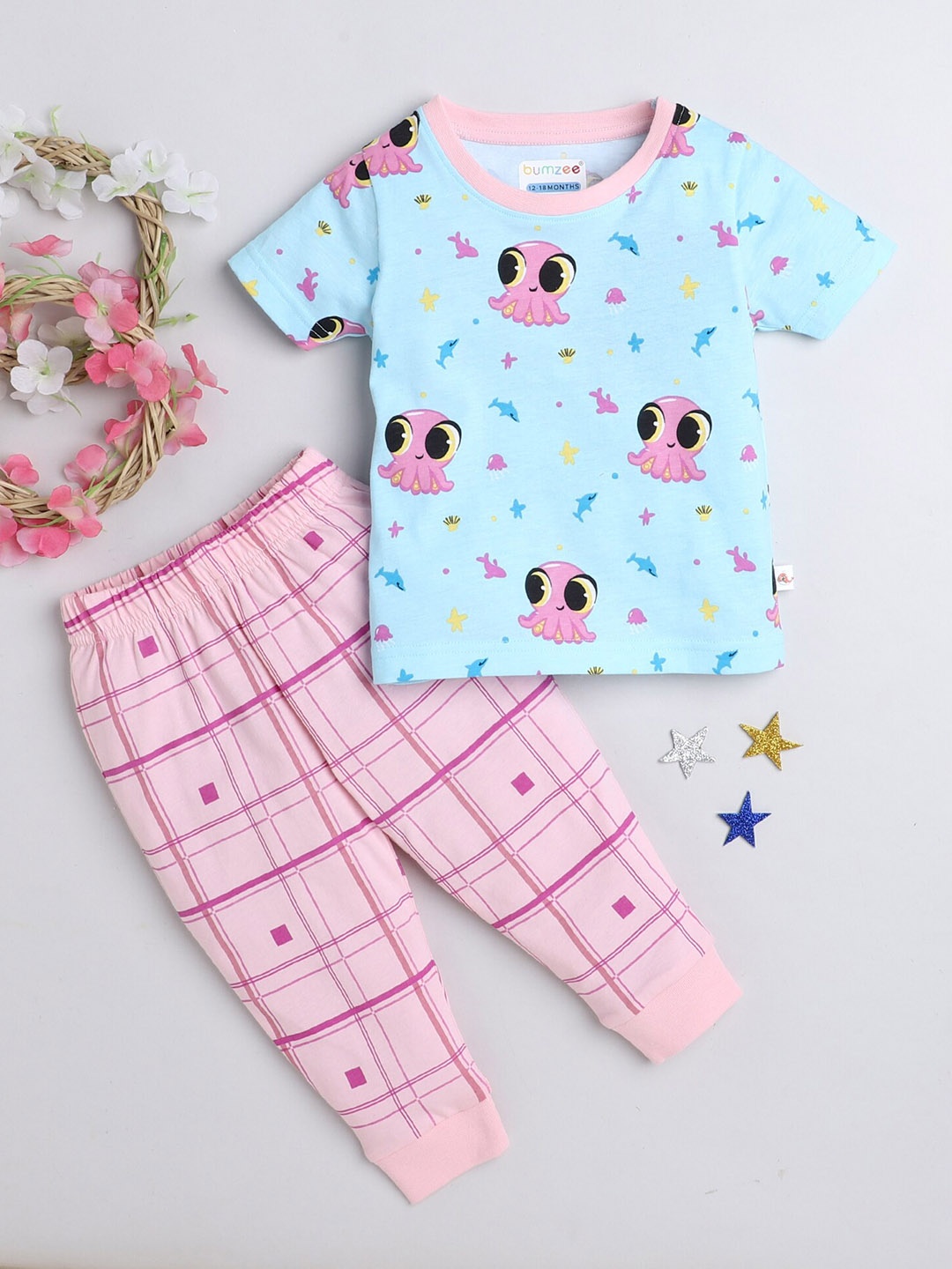 

BUMZEE Girls Printed Pure Cotton T-shirt with Pyjamas, Blue