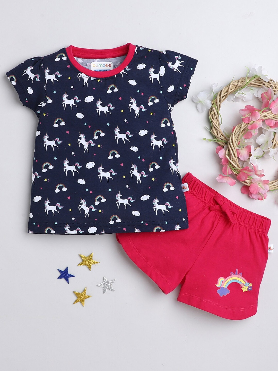

BUMZEE Girls Printed Pure Cotton T-shirt With Shorts, Navy blue