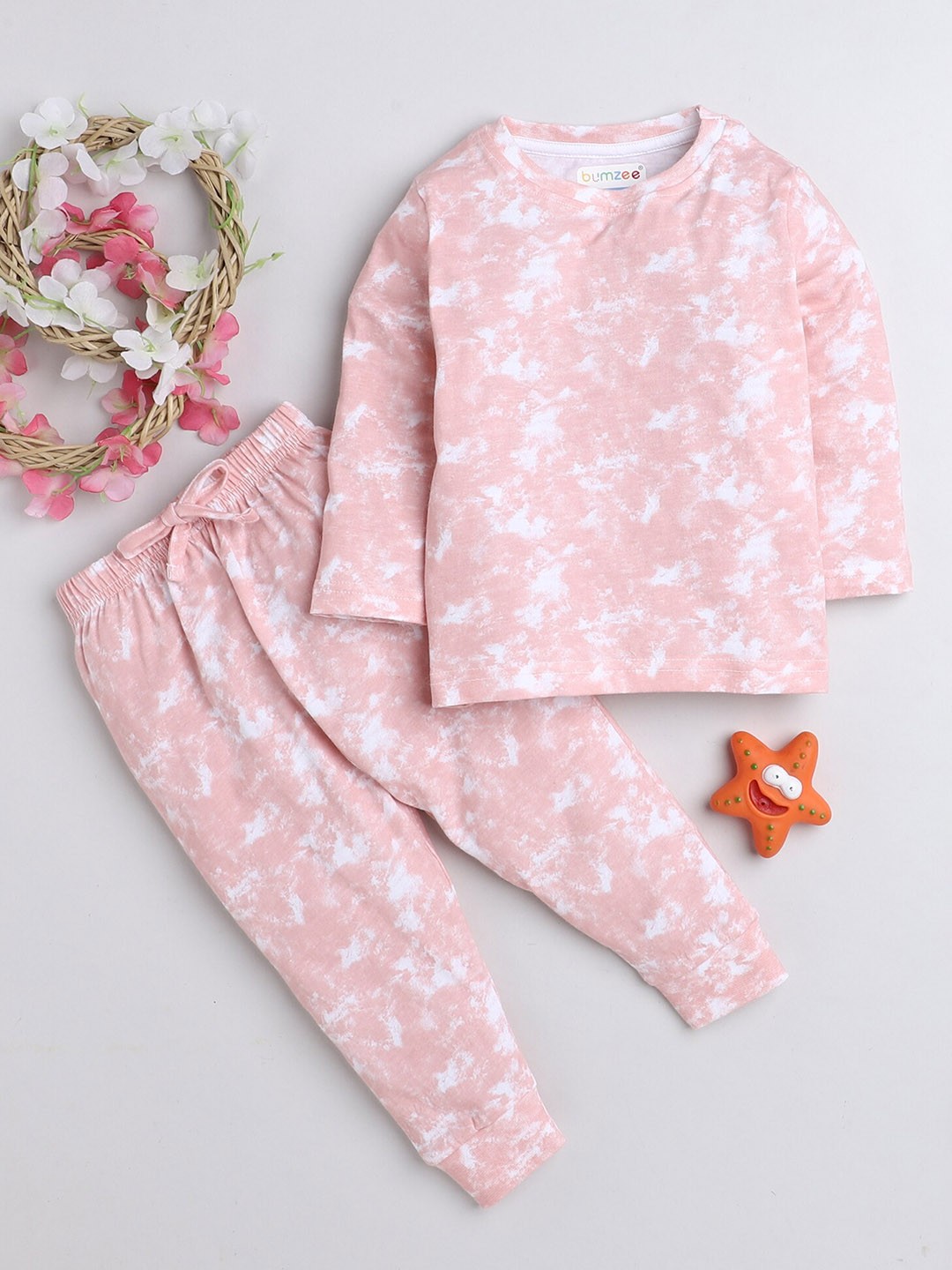 

BUMZEE Girls Printed Pure Cotton T-shirt with Joggers, Peach