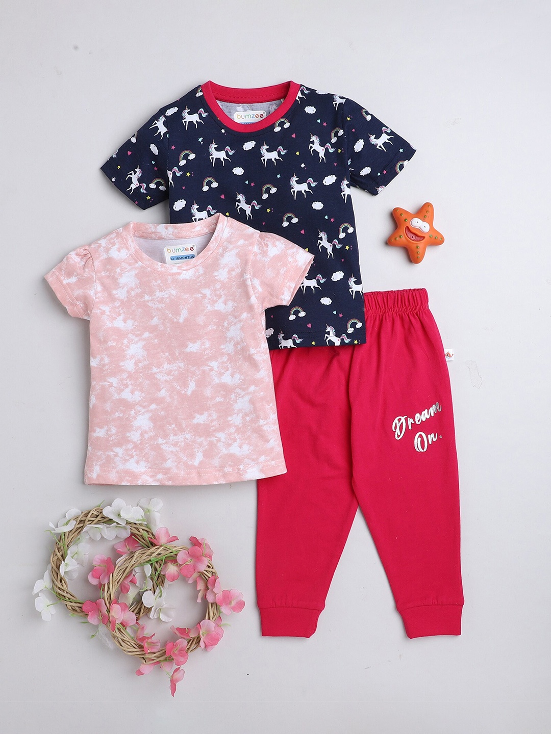 

BUMZEE Girls Pack of 2 Printed Pure Cotton T-shirt with Joggers, Navy blue
