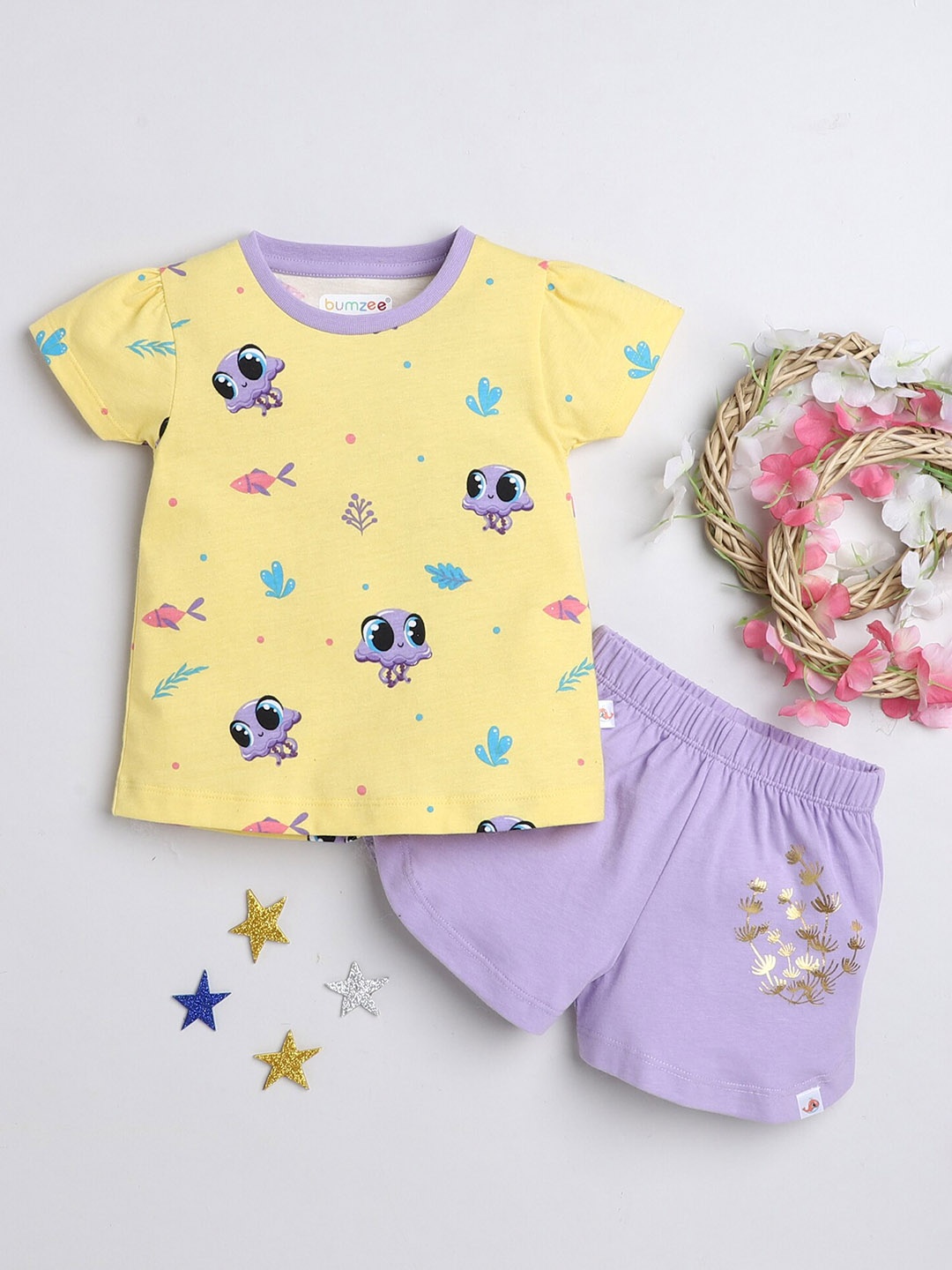 

BUMZEE Girls Printed Pure Cotton T-shirt with Shorts, Yellow
