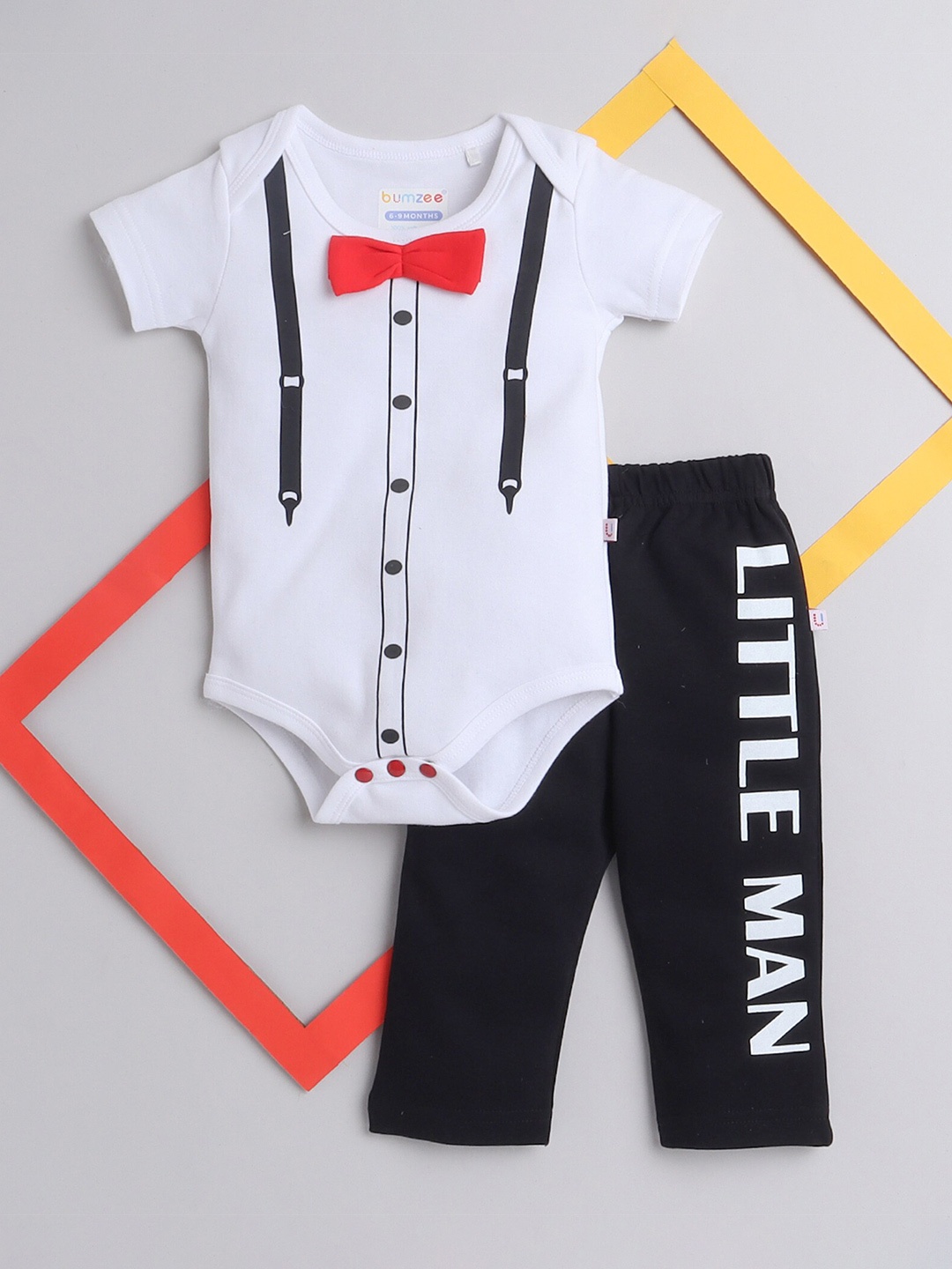 

BUMZEE Boys Printed Romper with Trousers, White