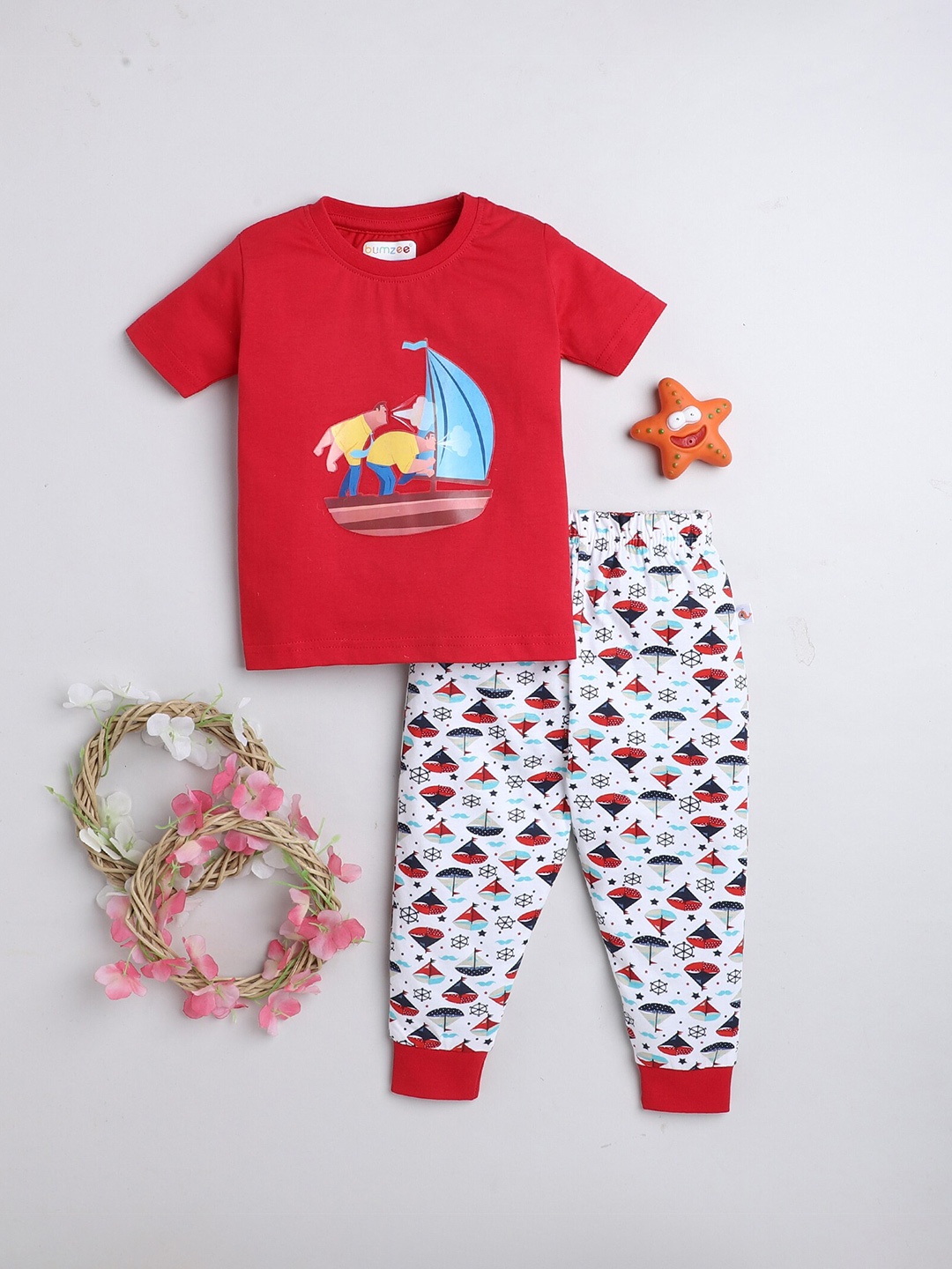 

BUMZEE Boys Printed Pure Cotton T-shirt with Joggers, Red