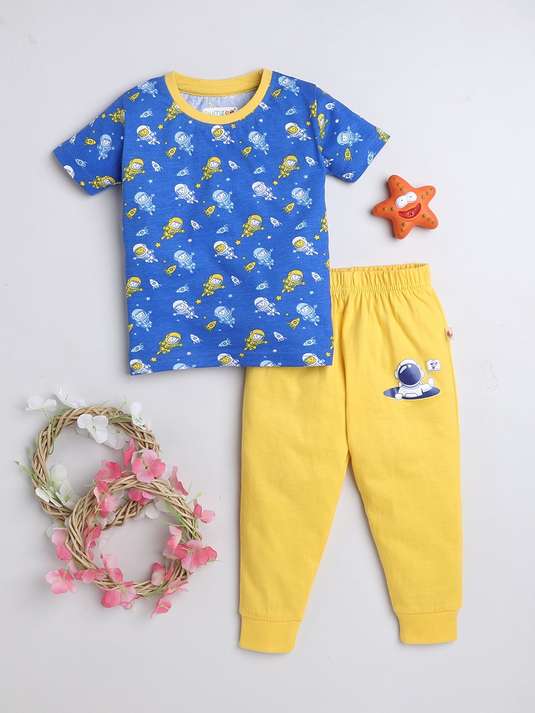 

BUMZEE Boys Printed Pure Cotton T-shirt with Joggers, Blue
