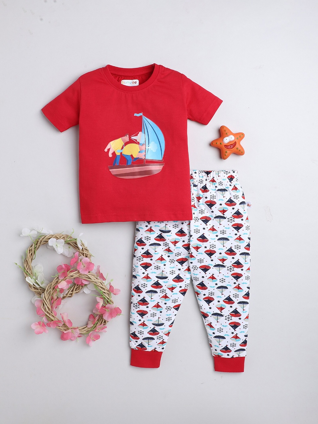 

BUMZEE Boys Printed Pure Cotton T-shirt with Joggers, Red