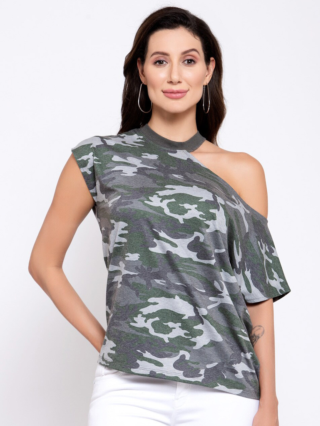 

iki chic Camouflage Printed Asymmetric Neck Top, Green