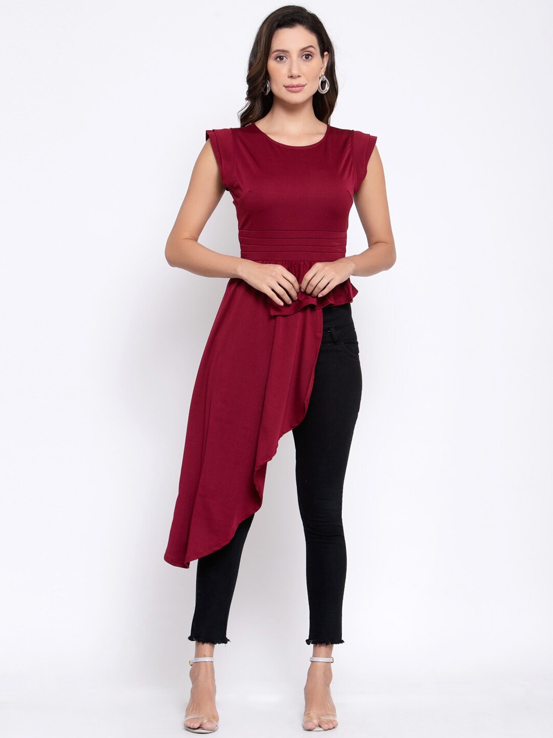 

iki chic Round Neck Cap Sleeves Maxi Longline Top, Maroon