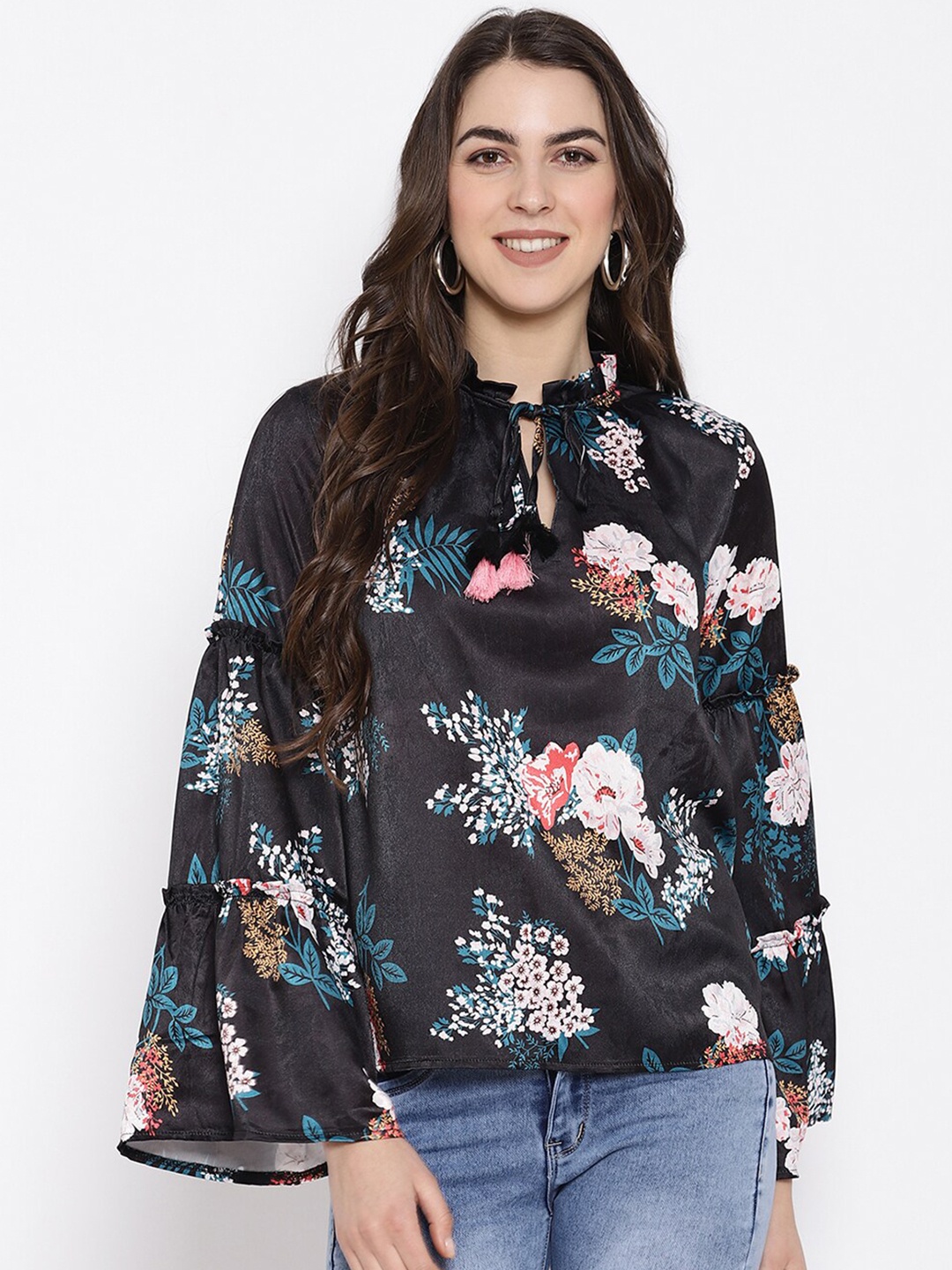 

iki chic Floral Printed Tie-Up Neck Top, Black