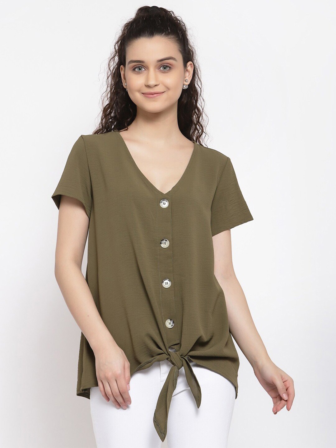 

iki chic V-Neck Button Up Front Knotted Top, Olive