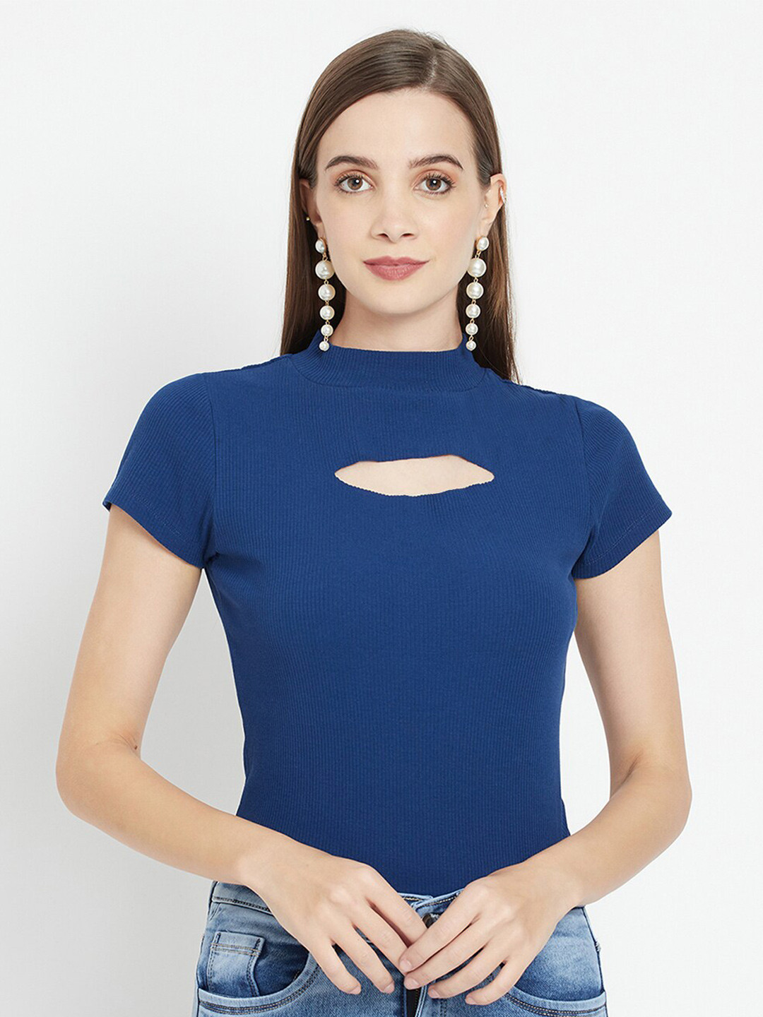

iki chic Cut-Out Detail High Neck Fitted Top, Blue