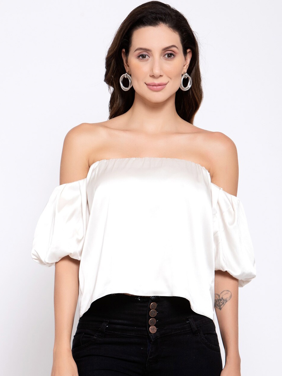 

iki chic Off-Shoulder Puff Sleeves Bardot Satin Top, White