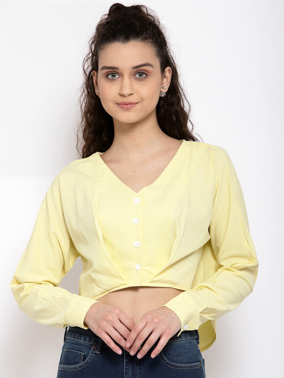 

iki chic V-Neck Cuffed Sleeves Crop Pure Cotton Shirt Style Top, Yellow