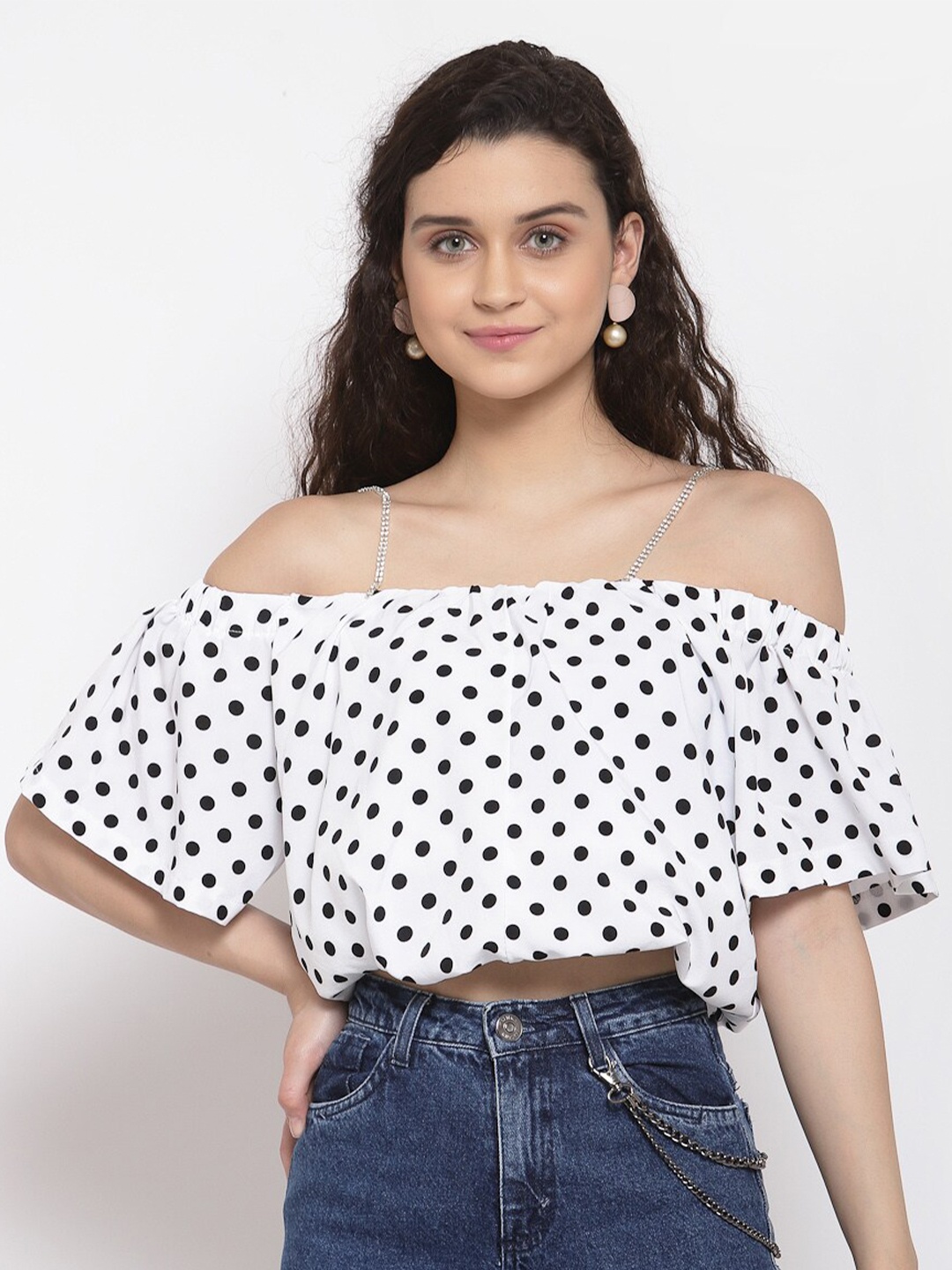 

iki chic Printed Off-Shoulder Bardot Crop Top, White