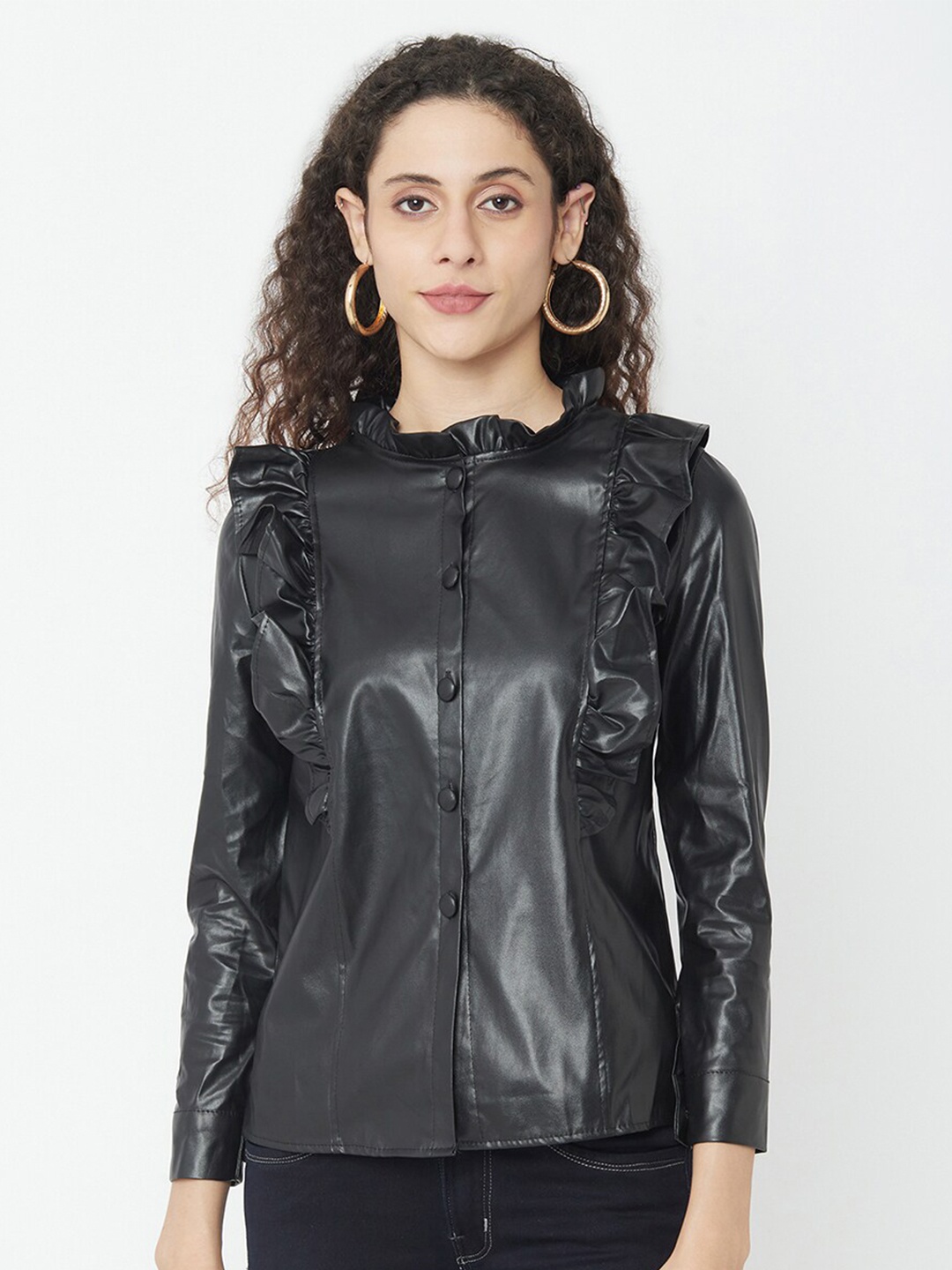 

iki chic Mandarin Collar Leather Ruffle Detail Biker Jacket, Black