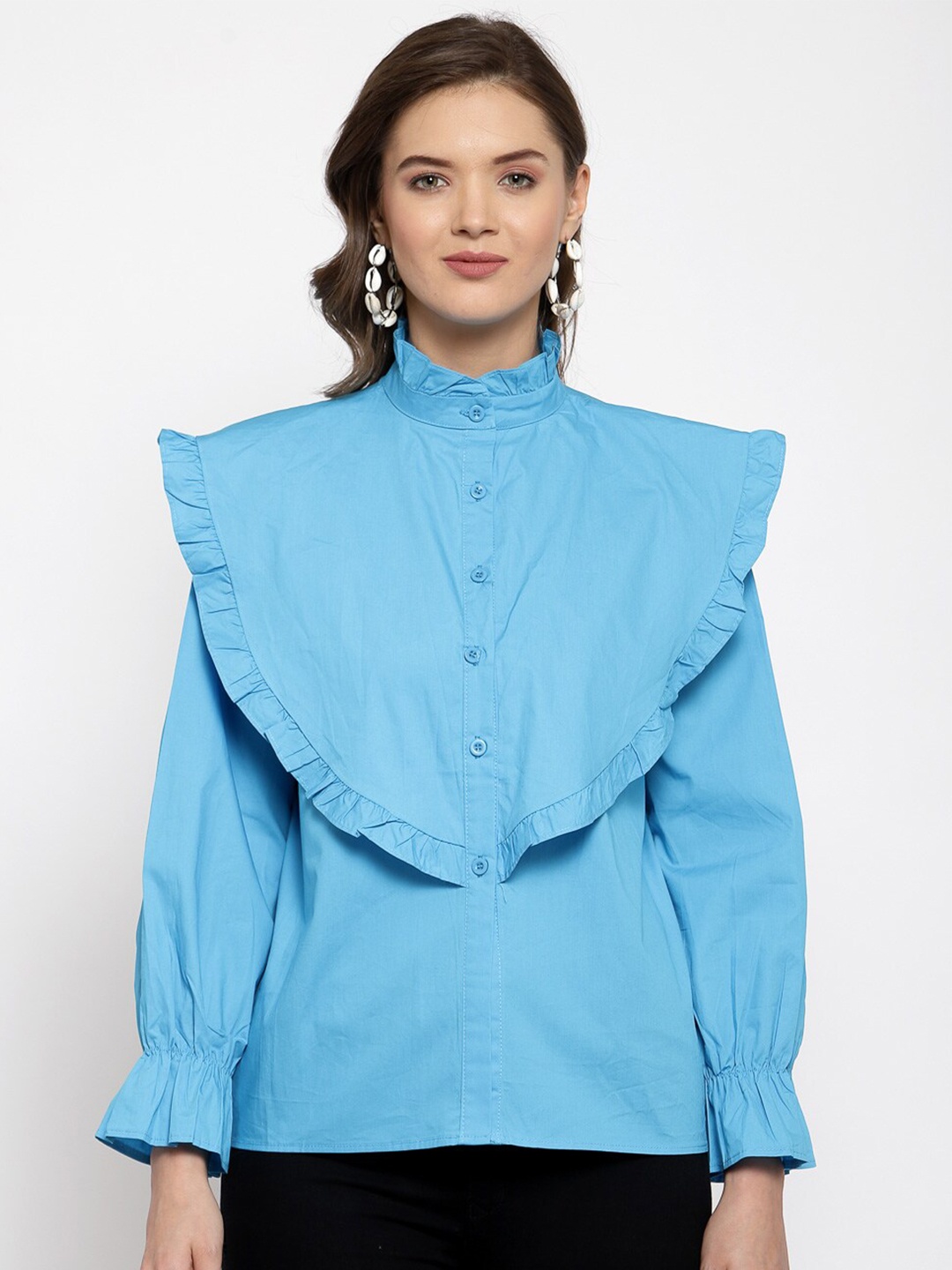 

iki chic High Neck Ruffles Puff Sleeves Shirt Style Top, Blue