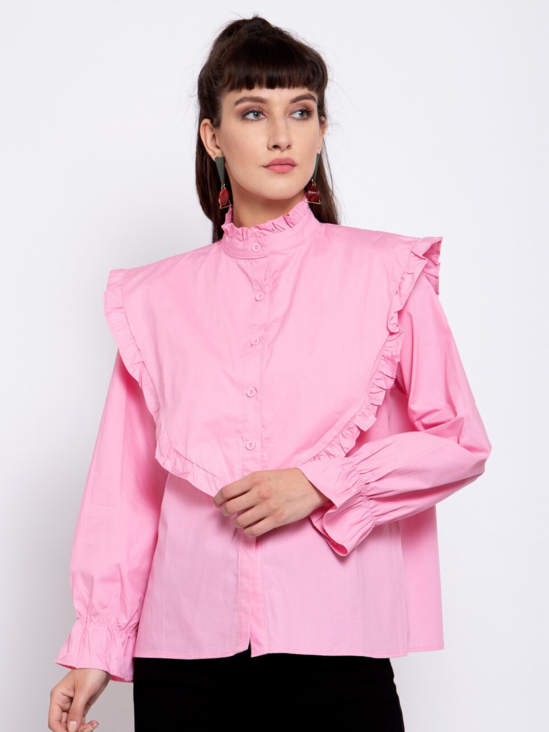 

iki chic Ruffle Cuffed Sleeve Regular Shirt Style Top, Pink