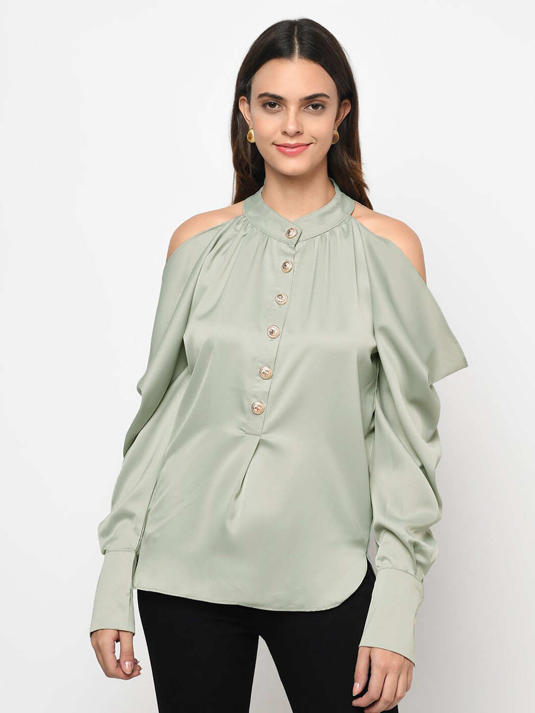 

iki chic Mandarin Collar Cold-Shoulder Sleeves Shirt Style Top, Green