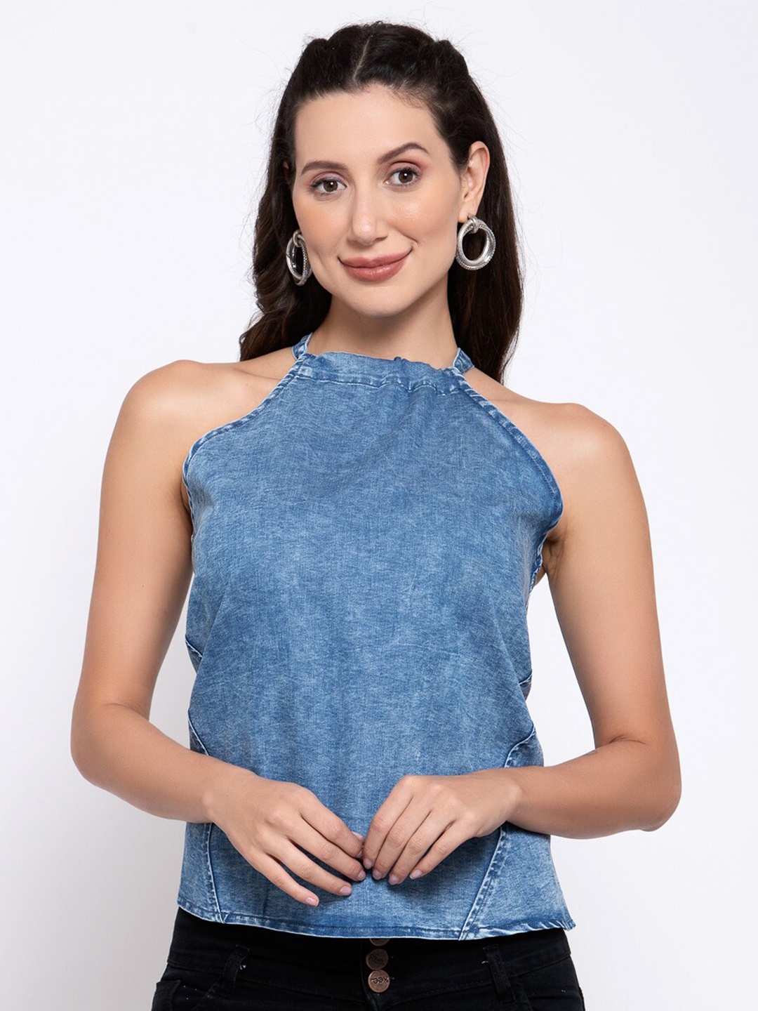 

iki chic Blue Tie and Dye Halter Neck Denim Top