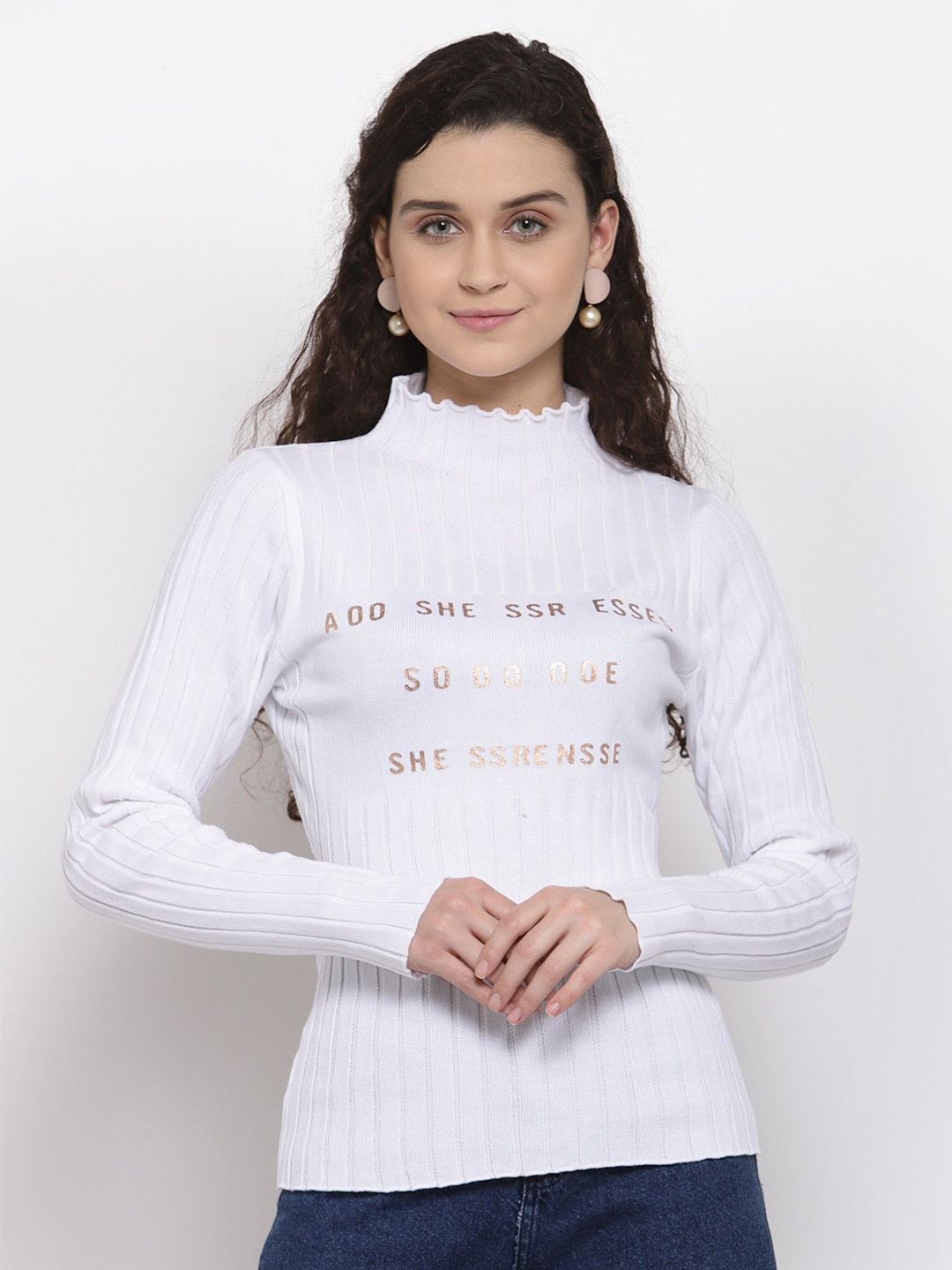 

iki chic High Neck Typography Printed Fitted Top, White